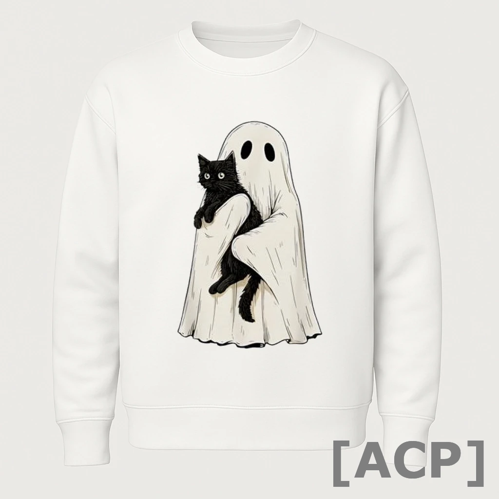 Official Halloween Ghost Holding Black Cat Vintage Ladies T Shirt Sweater