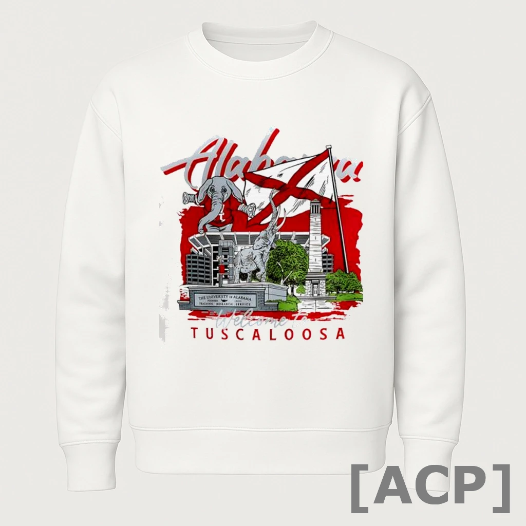 Official Alabama Crimson Football Welcome To Tuscaloosa Hand Drawn Campus Masot T Shirt Sweater
