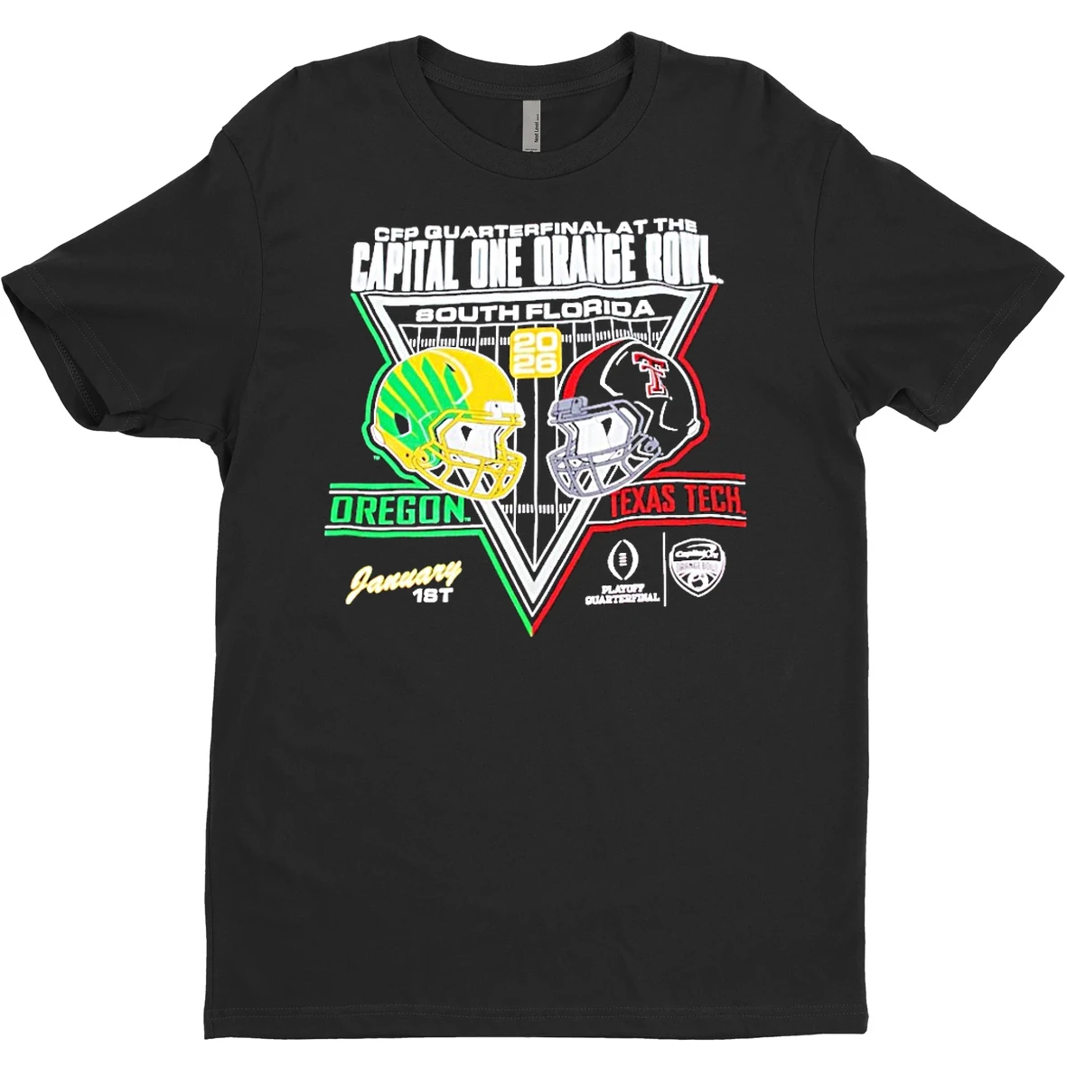 Original Oregon Ducks Football Vs Texas Tech Red Raiders Football Postseason 2025 R2 Helmet To Helmet Second Round T Shirt Sweater