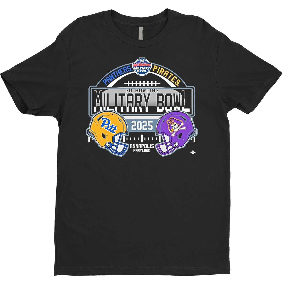 Original Pitt Panthers Vs Ecu Pirates Go Bowling Military Bowl 2025 Annapolis Maryland Helmets T Shirt Sweater