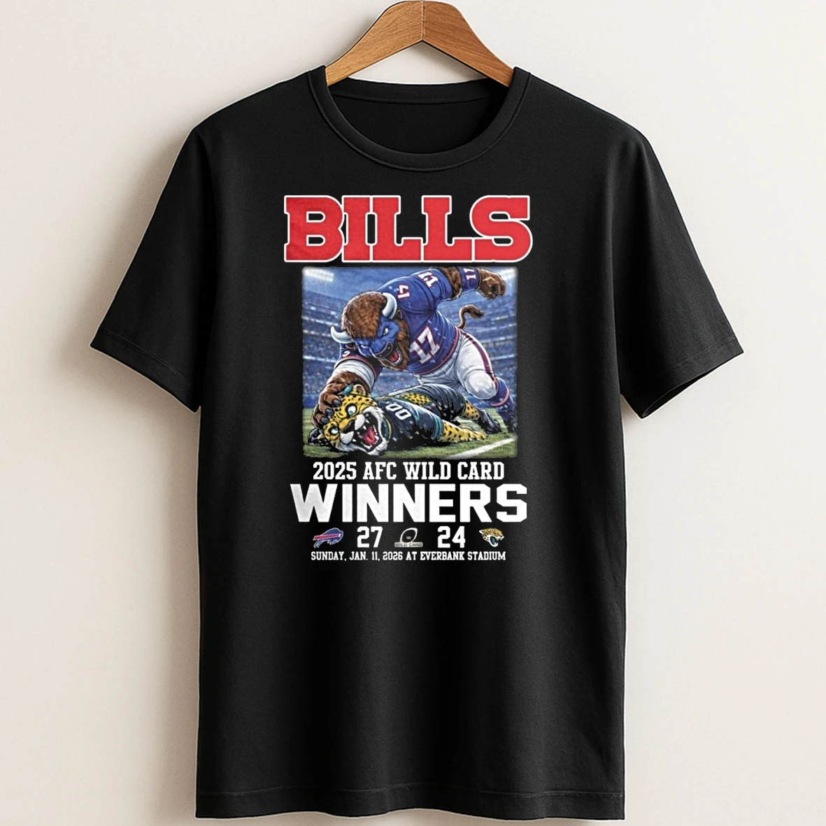 Original Buffalo Bills 27 24 Jacksonville Jaguars 2025 Afc Wild Card Winners Mascot T Shirt Sweater