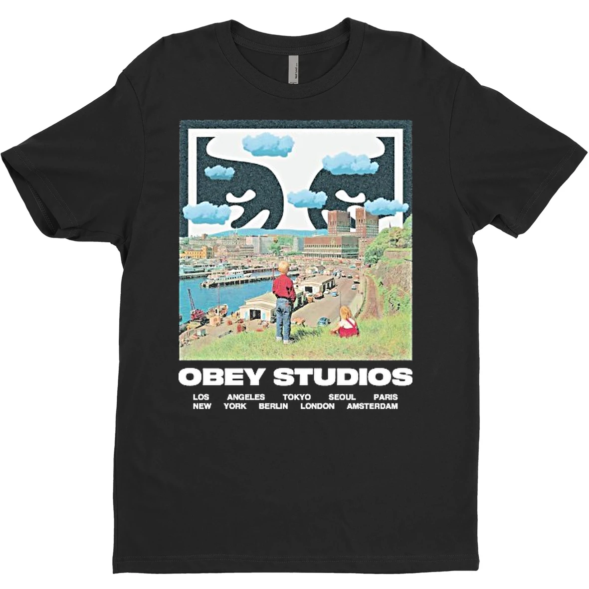 Original Obey Studios Sky Face Los New York Angeles Tokyo Berlin Seoul London Paris Amsterdam T Shirt Sweater
